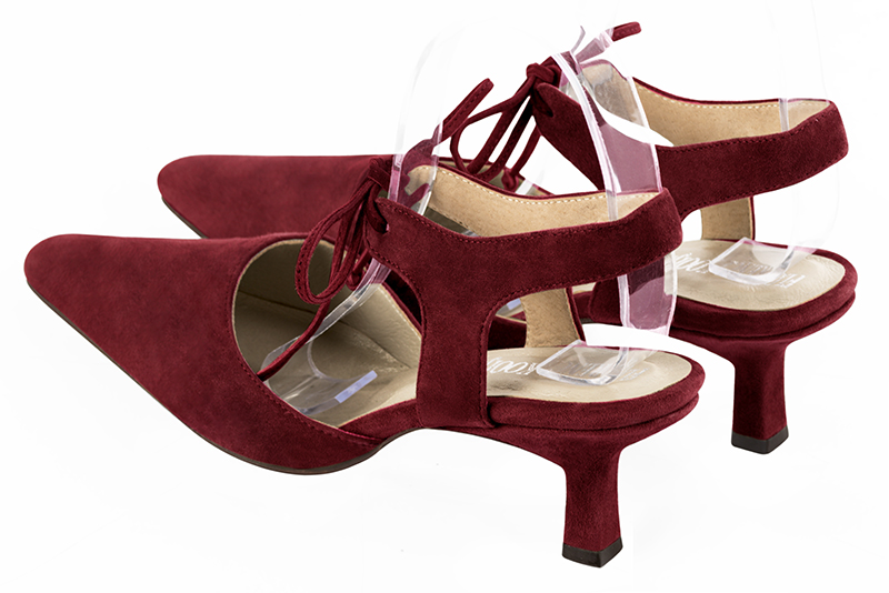 Burgundy red women's open back shoes, with an instep strap. Tapered toe. Medium spool heels. Rear view - Florence KOOIJMAN